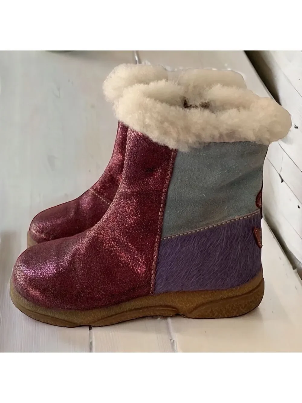 Mokine Toddler Genuine Leather Faux Fur Boots Purple Blue Made in Italy Size 6